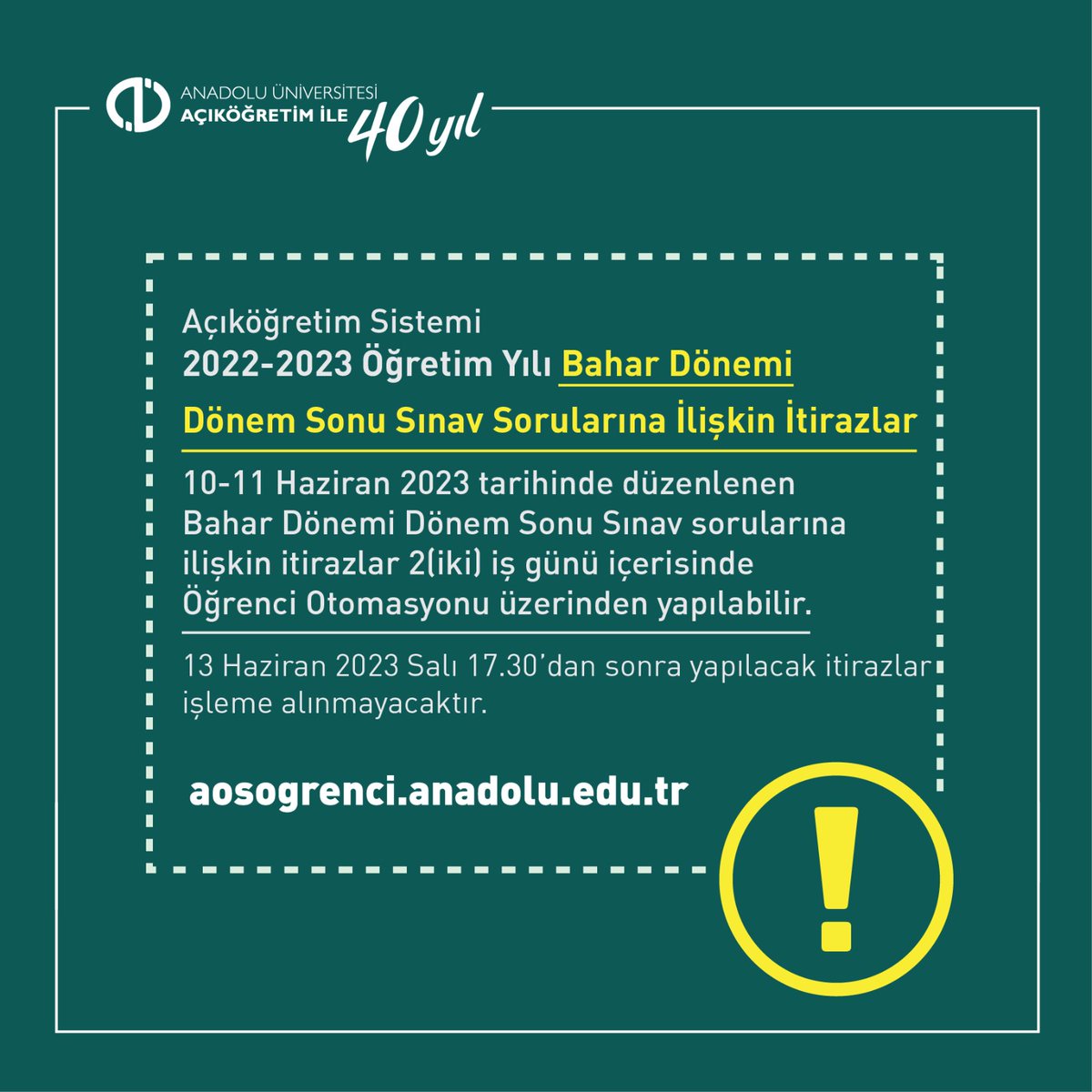 Bahar Dönemi Dönem Sonu Sınav sorularına ilişkin itirazlar 2 (iki) iş günü içerisinde Öğrenci Otomasyonu üzerinden yapılabilir.
aosogrenci.anadolu.edu.tr
13 Haziran Salı 17.30’dan sonra yapılacak itirazlar işleme alınmayacaktır. #AnadoluÜniversitesi #Aös #Açıköğretim #Sınav #İtiraz