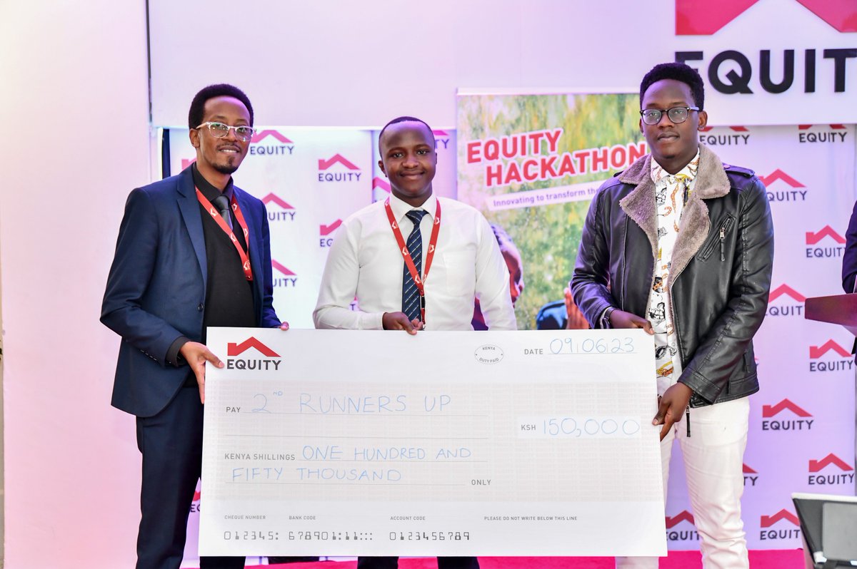 KeEquityBank's tweet photo. Alvin Okari, the Finserve Commercial Lead (left), presents a dummy cheque of Ksh 150,000 to Samuel Mwaura (center) and Lewis Kimani (right) of team Valencia Chatbot, who were the 2nd runners-up in the Business Efficiency Category. #EquityHackathon #Innovation https://t.co/15ZZym7ccF