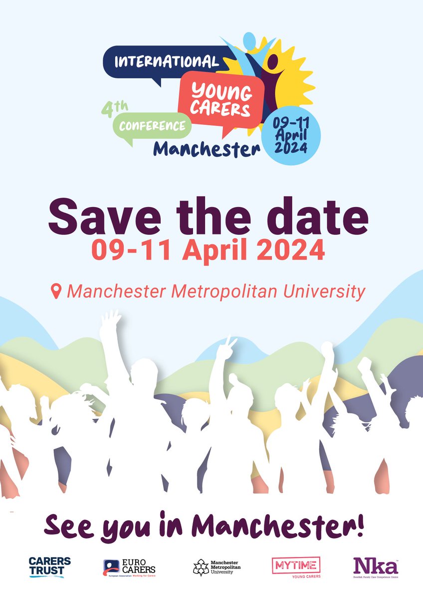 Delighted to announce that the 4th International Young Carers Conference will be an in-person live event in Manchester, UK, from 9-11 April 2024. It will be hosted by ⁦@ManMetUni⁩. The call for papers and sessions will follow but please put the dates in your diary now! 👇🏼👇🏼