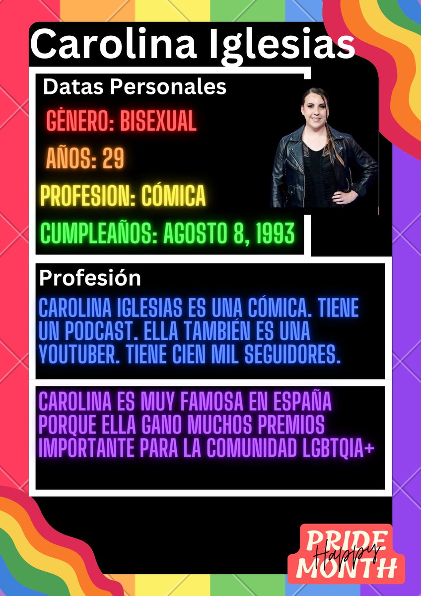 My Spanish 2 students created some posters to celebrate #PrideMonth. They did a research about famous people who have been important for the #LGBTQIA+ community and then created a poster using <a href="/canva/">Canva</a>. This is one of my fav posters:
<a href="/percebesygrelos/">Carolina Iglesias🏳️‍🌈</a>
