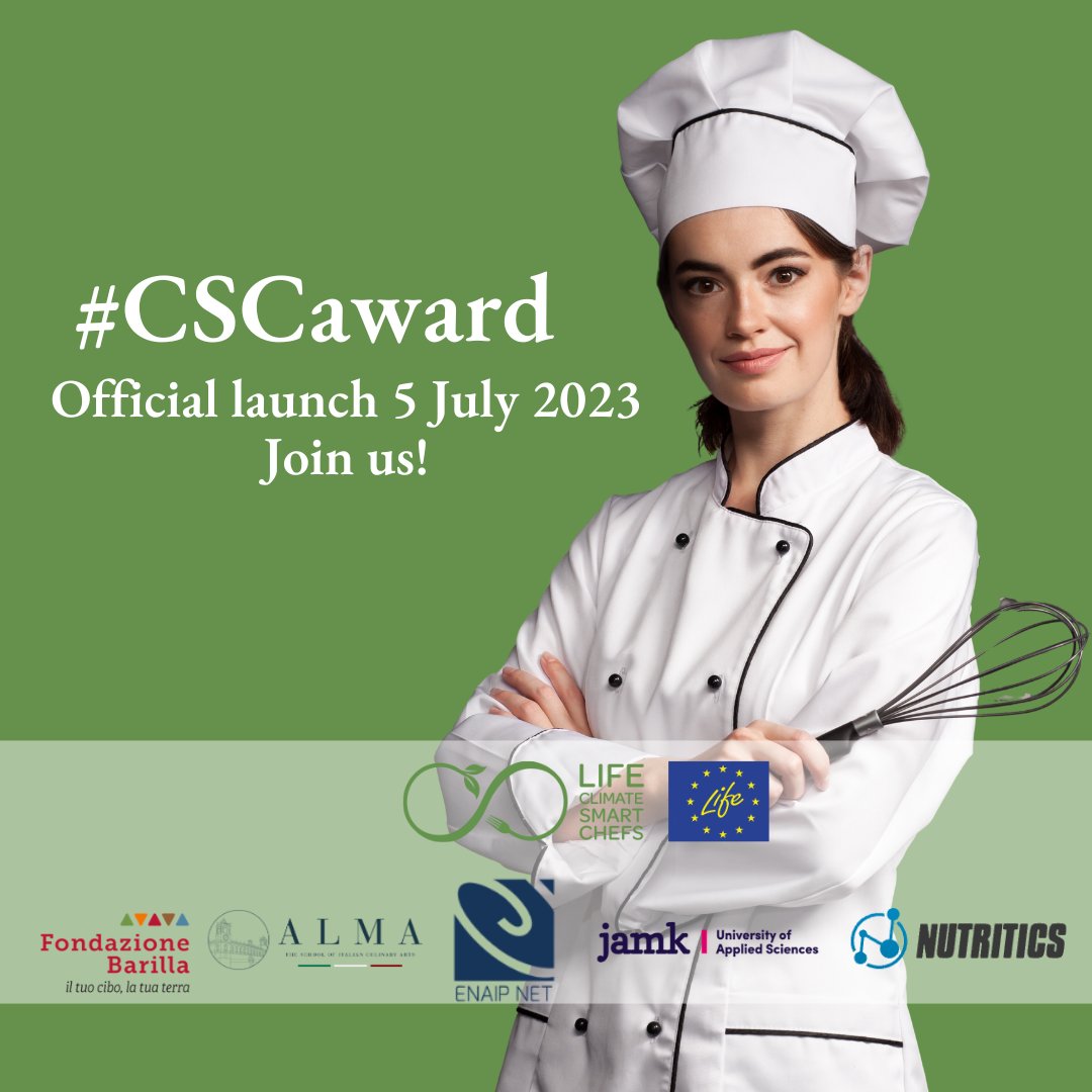 Do not miss out the official launch of the Climate Smart Chefs Award. Register & discover how to become the first climate-smart awarded-chef in EU. 📅 5 July, online 🕒 3pm CET  ✍️ Register now: bit.ly/CSC-05Jul2023 @Alma_School @enaip_net @jamk_fi @Nutritics @LIFEprogramme