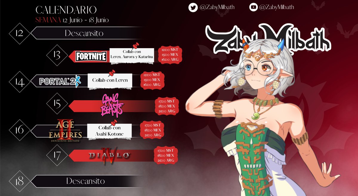 ZabyMilbath's tweet photo. 📢¡Calendario de la semana!📢

¡Tenemos triple collab esta semana!👑💕

🔴Mi canal: https://t.co/eFPlvwohXH

TAGS👑:
💓General: #Zaby
👑Live: #Zabylive
💓Art: #Rulezaby
👑Memes: #Lactomemes

(El horario está sujeto a cambios) https://t.co/PMEBKjQDtY