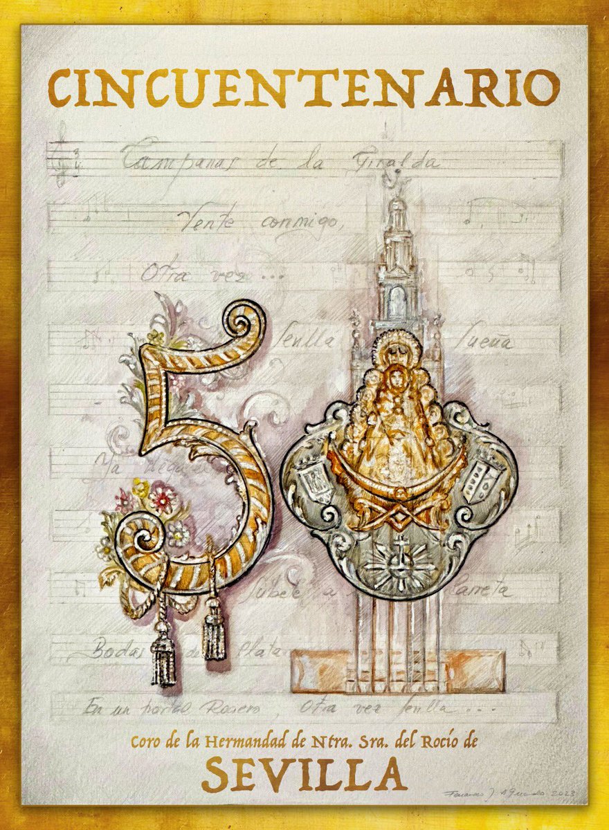 Esta es la portada que he realizado para el disco del Coro de mi <a href="/HdadRociodeSev/">Hdad. Rocío de Sevilla</a> transformando mi logo del cincuentenario en sus elementos reales, sobre una partitura donde la música escrita es la discografía hasta el día de hoy.