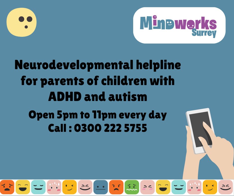 MindworksSurrey's tweet photo. Mindworks Surrey provides a dedicated out-of-hours helpline for parents and carers of children with suspected or diagnosed neurodevelopmental needs such as ASD and or ADHD. It's open 5 pm-11 pm, seven days a week. Call 0300 222 5755 #MentalHealth #Surrey https://t.co/RKKl9lJFDM