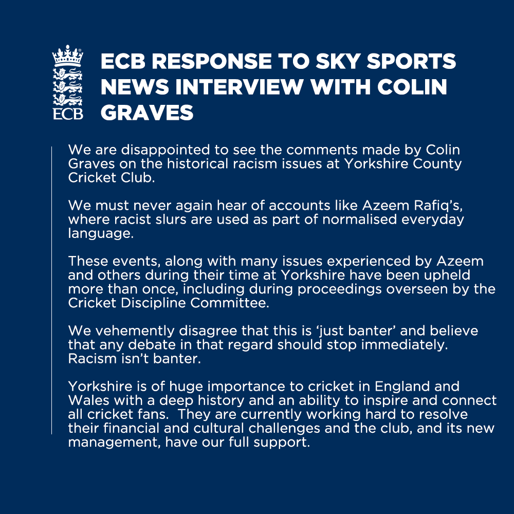 ECB statement in response to Colin Graves' interview with Sky Sports News