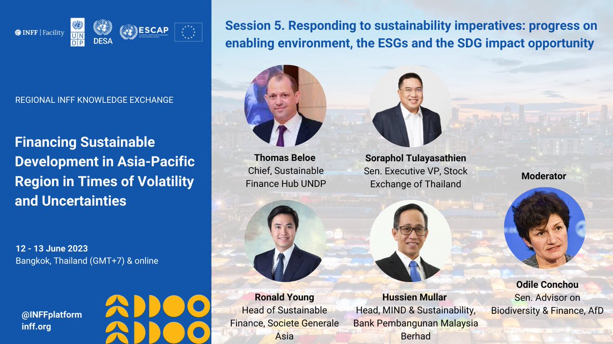 INFFfacility's tweet photo. A sustainable-centric enabling environment is needed for #SustainableFinance. Find out how w/
🔷@tombeloe @UNDP_SDGFinance
🔷@tulayasathien, @SET_Thailand_EN
🔷Mr Young, @SocGen_Hk
🔷Mr Mullar, BPMB
moderated by @OConchou @AFD_France
 
📺 Livestream: 
https://t.co/mNYhLHLlVL https://t.co/n810L9yGi5