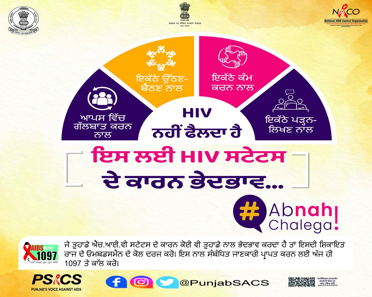punjabsacs's tweet photo. ਐਚ.ਆਈ.ਵੀ. ਸਟੇਟਸ ਦੇ ਕਾਰਣ ਭੇਦਭਾਵ ਨਹੀਂ ਚੱਲੇਗਾ॥
#HIVspread #aidsawareness #equality  #PSACS #punjabstateaidscontrolsociety #HIV #AIDS #HIVawareness #AIDSawareness #HIVAIDS #PunjabSACS #GetTested #GetTreated #NACO #NACOIndia #AIDSfreepunjab #FightAgainstAIDS #Punjabgovt https://t.co/ZDnrZAo9nJ