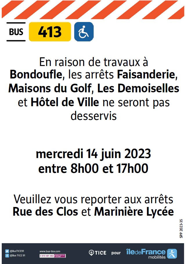 EvryEss_IDFM's tweet image. #InfoTrafic Des déviations sont mises en place le 14 juin 2023 sur les lignes #bus413 et #bus414 en raison de travaux.