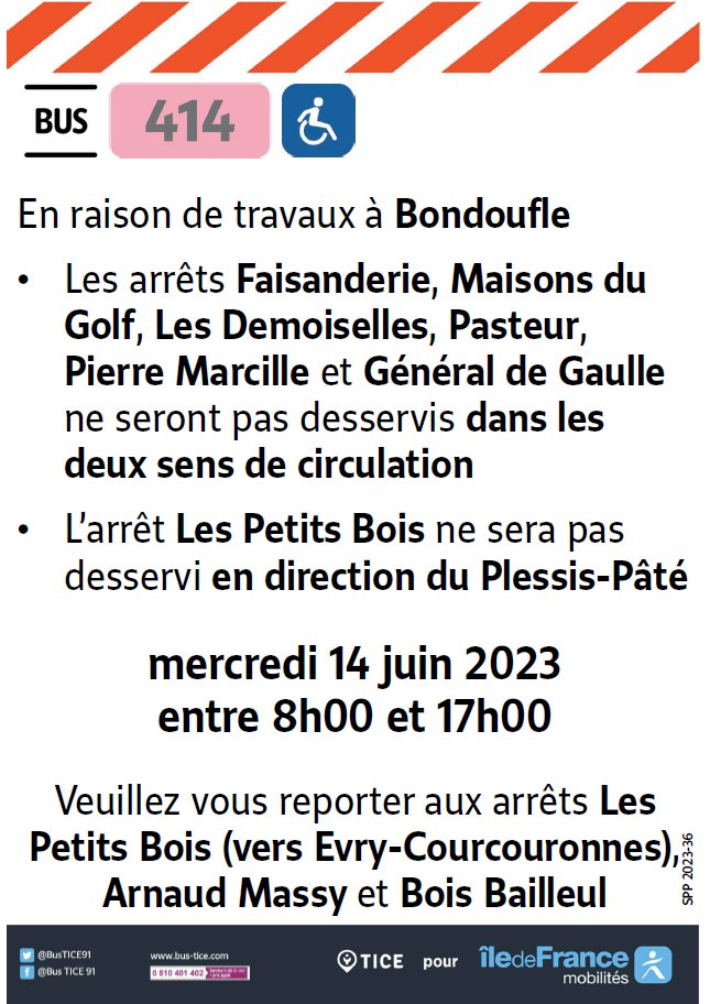 EvryEss_IDFM's tweet image. #InfoTrafic Des déviations sont mises en place le 14 juin 2023 sur les lignes #bus413 et #bus414 en raison de travaux.