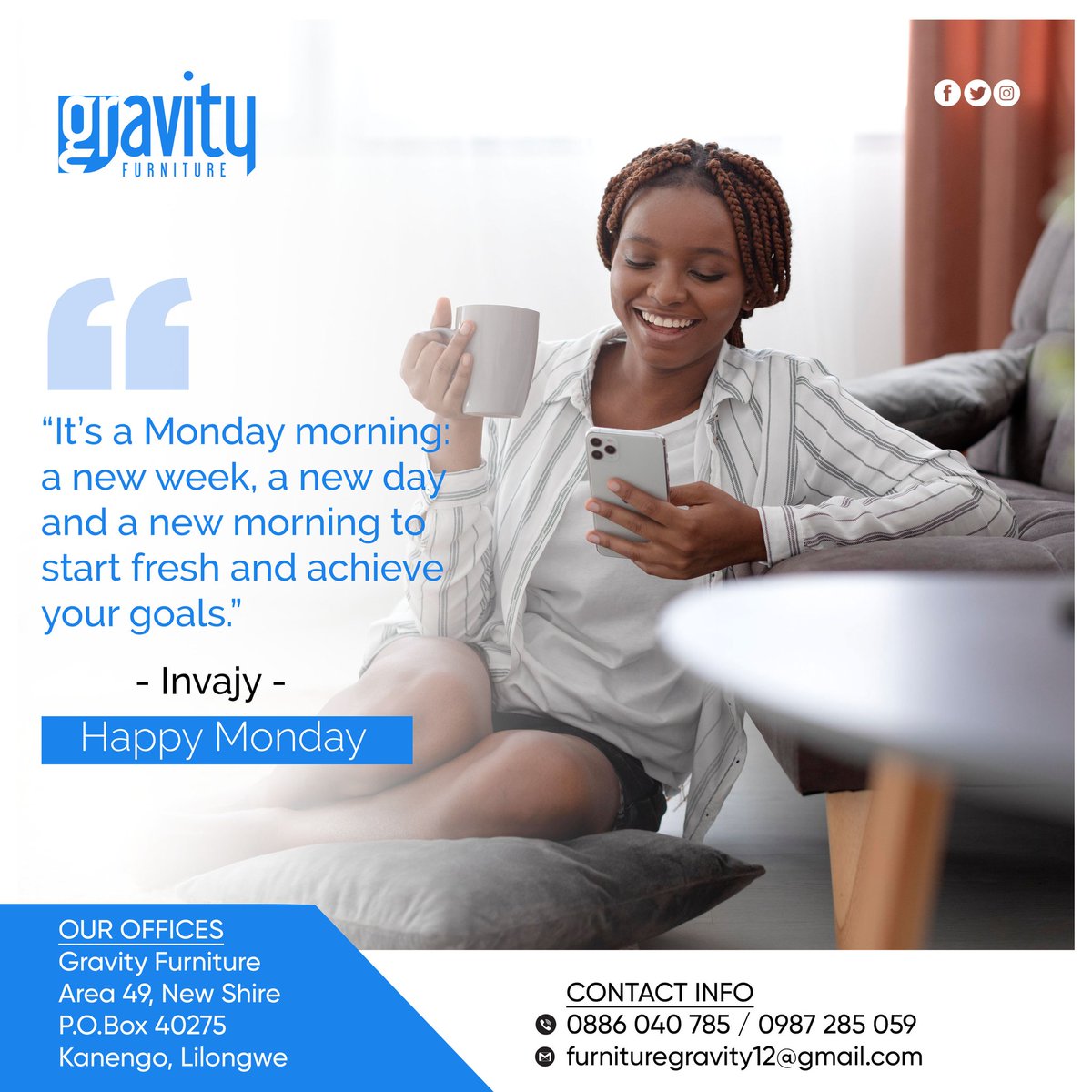 gravity_mw's tweet photo. Happy Monday!!
#gravityfurnituremw #Monday #MondayMotivation https://t.co/awMSZjnDy7