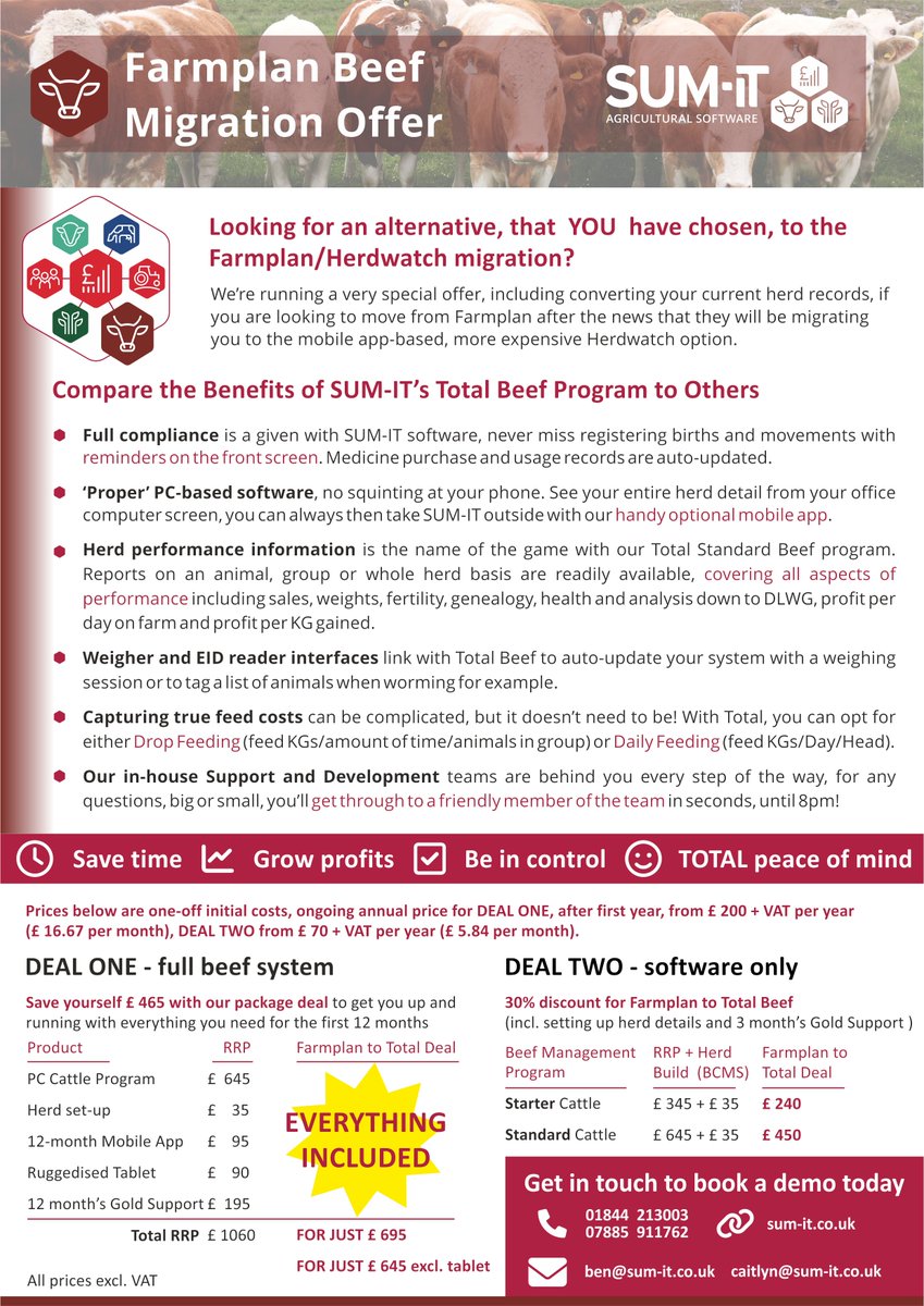 SumItSoftware's tweet photo. Check out this special offer, save yourself £465 + VAT when converting from Farmplan Beef to SUM-IT's Total Beef management software. Book a live demo here: https://t.co/uYLOV6as5p https://t.co/sV2zATXeSW