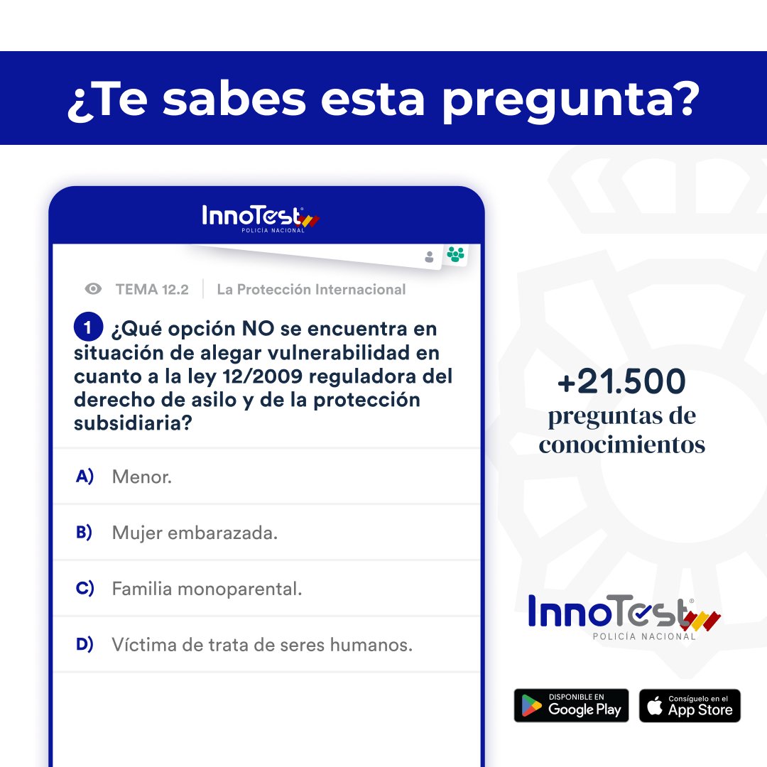 InnoTestES's tweet photo. ⏰ ¡A por la primera #InnoPregunta de la semana!
¿Dominas el temario oficial de #PolicíaNacional? Te retamos con esta pregunta del tema 12 sobre la Protección Internacional. 😏 ¿Sabes la respuesta correcta? https://t.co/UjYXvxieC1