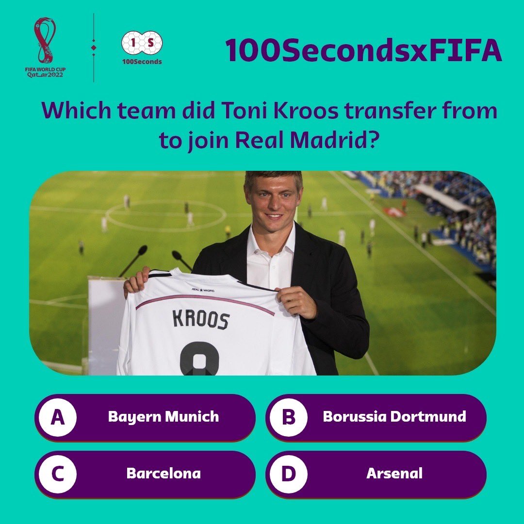 100secondsXfifa's tweet photo. Can you guess the answer⁉️

#100secondsxfifa #football #soccer #prize #rewards #win #bayernmunich #realmadrid #barcelona #arsenal #100seconds #playtowin https://t.co/d5UOwRV1Ck