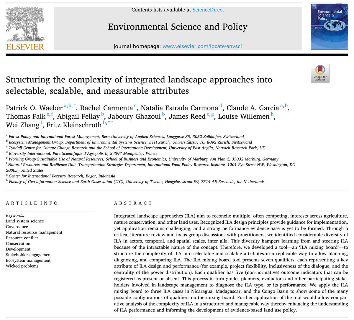 New article out in Environmental Science and Policy: We introduce a mixing board to break down the complexity of integrated landscape approaches. With Patrick Waeber, <a href="/ClaudeAGarcia/">Claude Garcia</a>, <a href="/RachelCarmenta/">Rachel Carmenta</a>, <a href="/JabouryGhazoul/">Jaboury Ghazoul</a>, <a href="/wietekewillemen/">Wieteke (Louise) Willemen</a> and others.
sciencedirect.com/science/articl…
A thread: