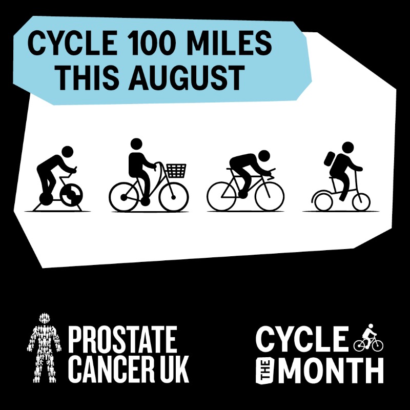 ProstateUK's tweet photo. Static, road, or mountain bike - cycle 100 miles over August in a way that works for you. Raise money to help beat prostate cancer.
