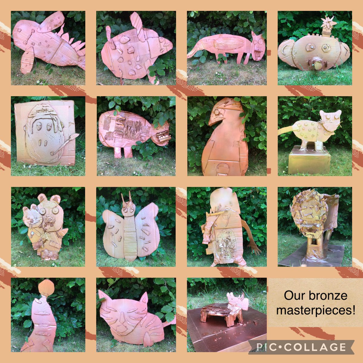BolshawPrimary's tweet photo. Following their trip to @BritishIronwork last term, Year 5 have created their own Extinction Trail in school.  Working in the style of @DarrellWakelam they used recycled card to create amazing sculptures,  sprayed bronze to match the sculptures they saw at the Ironworks. WOW! https://t.co/q0dADDRV1A