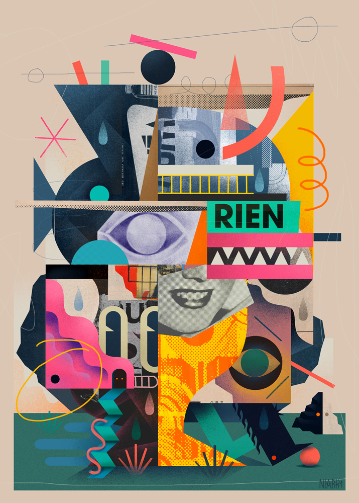 GM 👁️
---
' RIEN' ( Nothing ) 
Abstract digital collage with scans of retro magazine ads, drawings and graphic stuffs