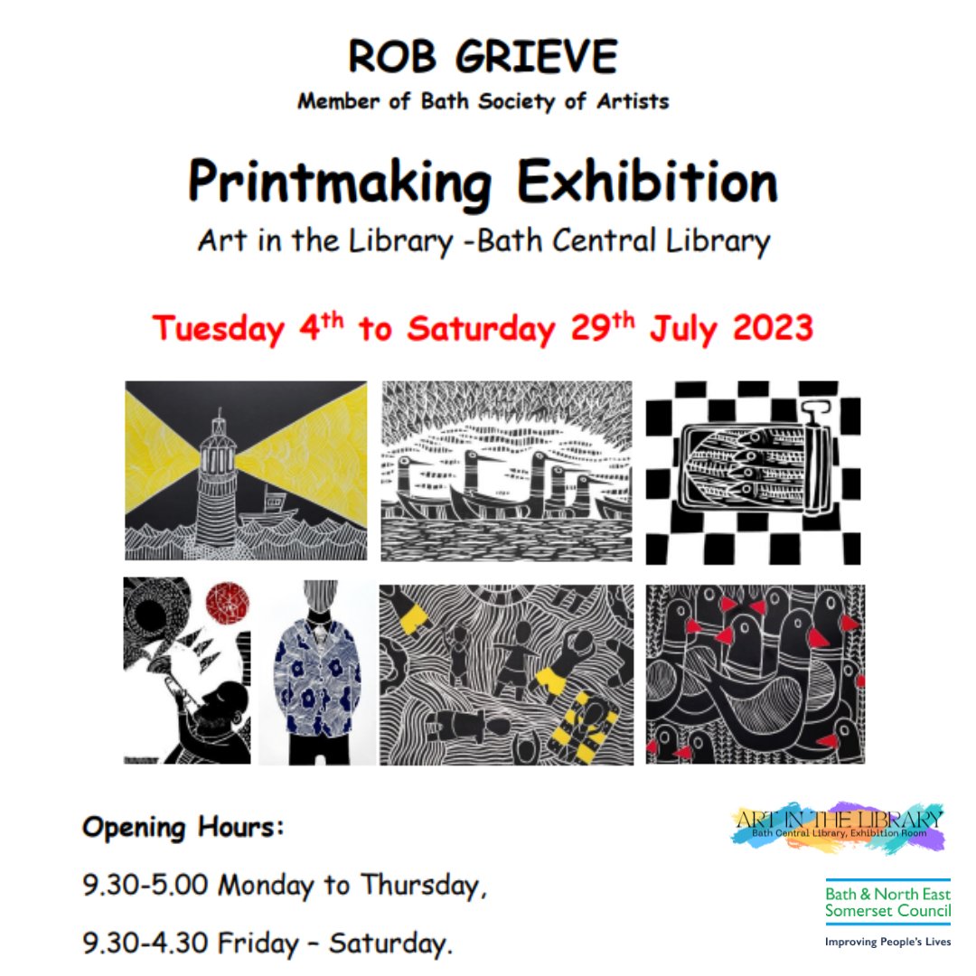 bnes_libraries's tweet photo. New Printmaking Exhibition by Rob Grieve at #BathCentralLibrary launching 4 July!

Drop in during opening hours to view these wonderful prints!

#BNESLibraries #LocalArtist #BathArtist #ArtInTheLibrary #Printmaking @LarkhallOpen https://t.co/SmvxakvHoZ