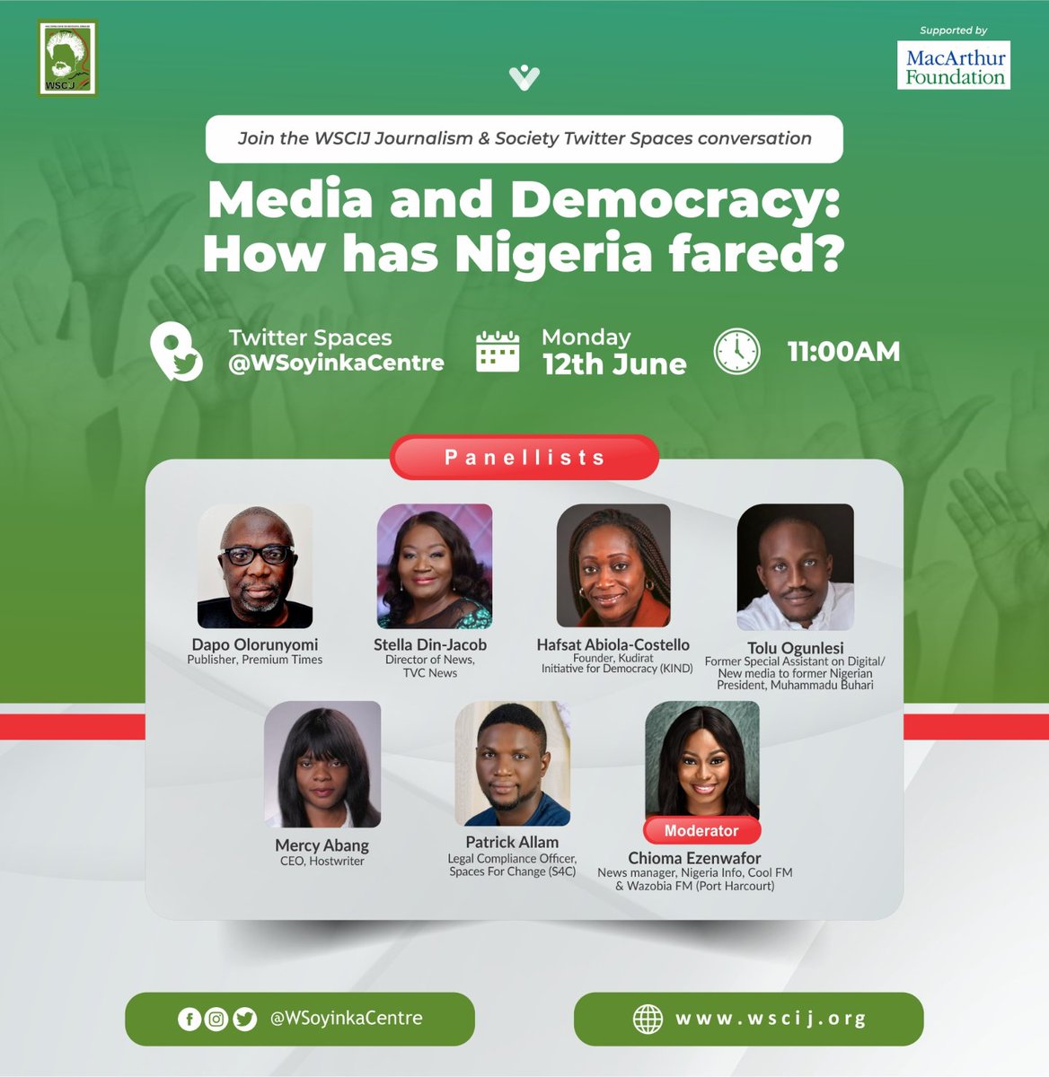 Happy Democracy Day!!!
We will go live for #WSCIJTwitterSpaces in less than 2 hours to discuss how the media has fared in the last 24 years of Nigeria's democracy and how it has helped the entrenchment of democracy.

Join the conversation with this link - bit.ly/42mrB1y.