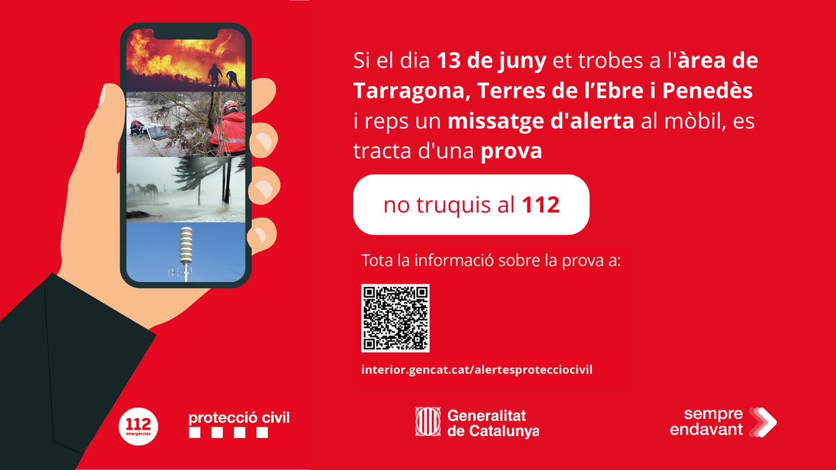 Demà es provarà de nou el sistema d'alertes a mòbils de #ProteccióCivil a Tarragona, Terres de l'Ebre i Penedès 

✅ Es tracta de la repetició de la prova que es va realitzar el 12 d’abril i no va arribar a una part important dels mòbils

NOTA PREMSA 👇
govern.cat/salapremsa/not…