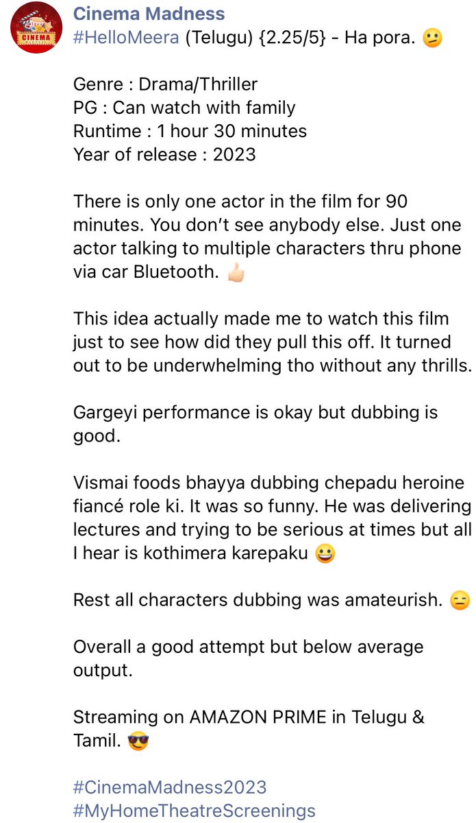CinemaMadness24's tweet photo. 109. #HelloMeera (Telugu) {2.25/5} 🫤 #HelloMeeraReview @PrimeVideoIN https://t.co/43o4IYB7QU