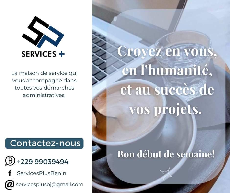 Bon lundi 🥳 

En ce début de semaine, nous vous exhortons à croire en  #vous , en l'#humanité et au #succès de tous vos projets.  

L'équipe de #ServicesPlus vous souhaite une bonne journées et une merveilleuse semaine. 

N'hésitez pas à nous contacter : 
☎️ +229 99039494