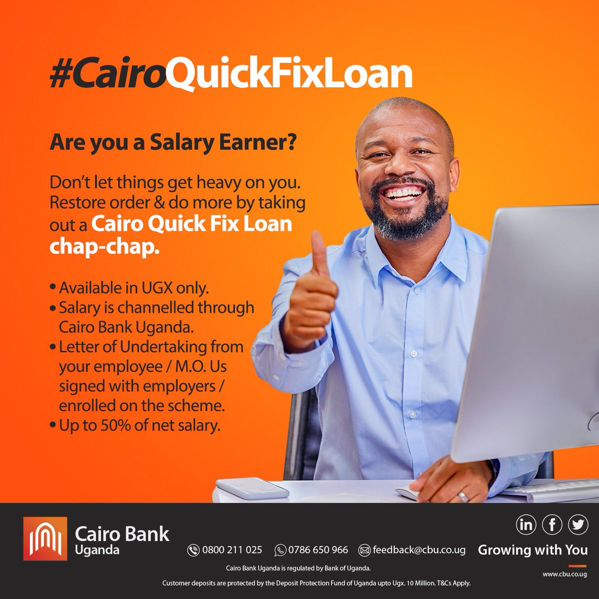 Did the first half of the year just come & go by? Do more for yourself as a Salary Earner in the second half with our #CairoQuickFixLoan, that is available in UGX only, Up to 50% of net salary & more.

Contact us via our toll free - 0800 211 025 to get started.

#CairoBank