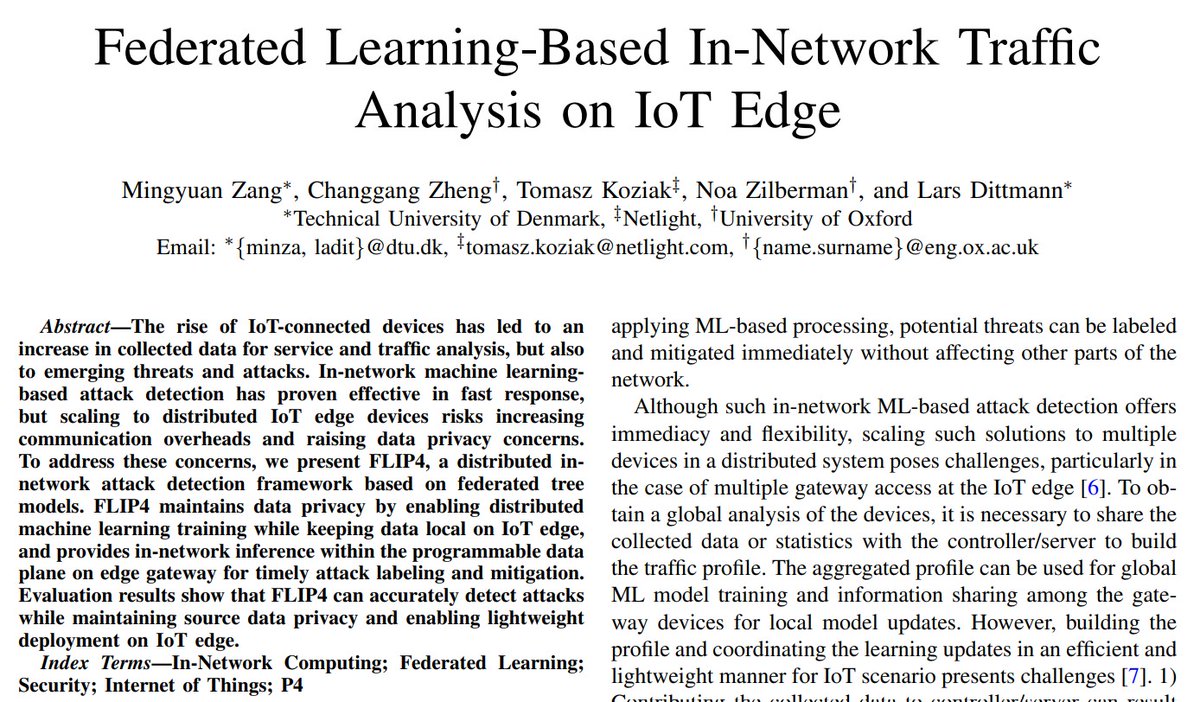 n4noa's tweet photo. 🌟@MingyuanZang is presenting today FLIP4 at #IFIPNetworking Sec4IoT. FLIP4 is a distributed #P4 in-network attack detection framework based on federated tree models. Joint work with
@ChanggangZ, Tomasz Koziak and Lars Dittmann
Read more here: https://t.co/doj8oQAfiZ https://t.co/xUvVkwpW2T