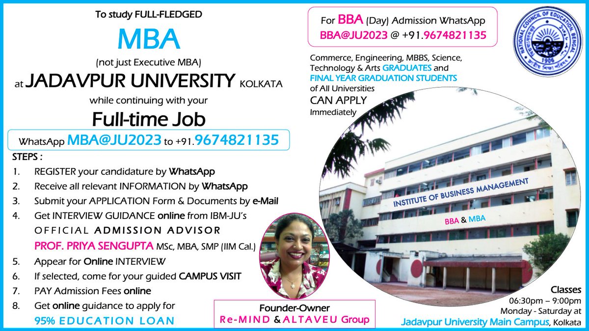 PriyaSenguptaIN's tweet photo. MBA@JU2023 : REGISTER at https://t.co/gtewfyyZxQ for Information-sharing Session on MBA 40th Batch of Jadavpur University, Kolkata.

Session will be held this evening from 9pm on Google Meet.

#MBA #JU #MBA2023 #MBAadmission #MBAadmission2023 https://t.co/7ueX0lubHZ