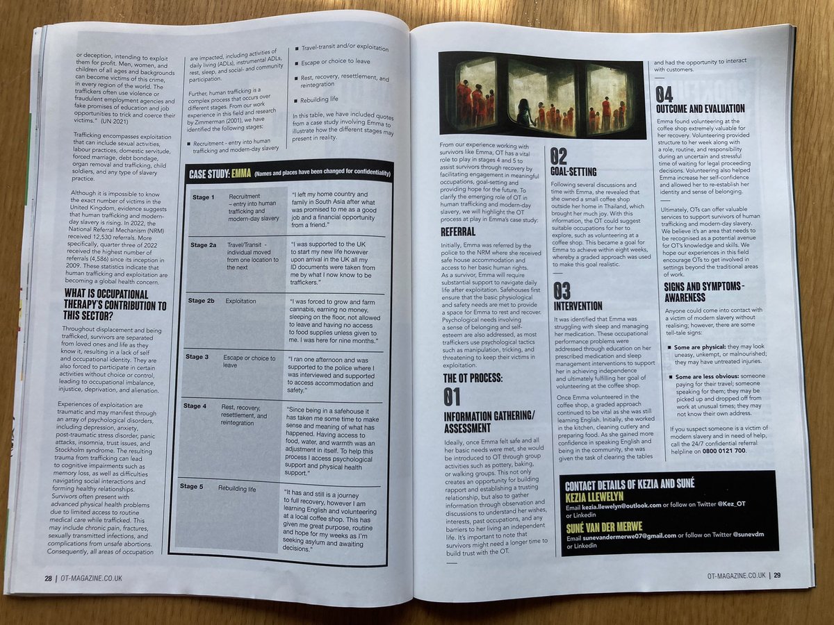 OT magazines features a peice written by Suné and myself. We both work as Occupational Therapist, and are passionate about working with this client group to enhance recovery, rebuild lives, promote independence and support people in finding purpose and meaning again. 
<a href="/theRCOT/">Royal College of Occupational Therapists</a>