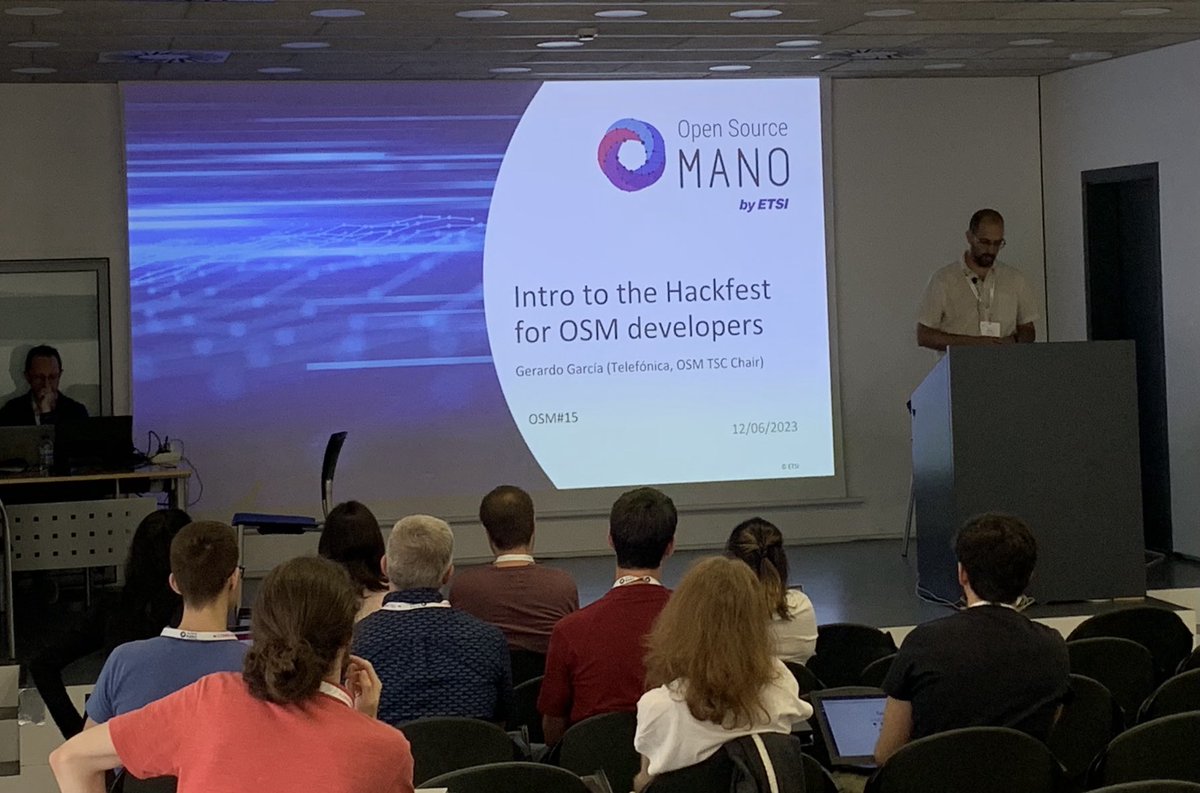 OpenSourceMANO's tweet image. Kicking off #OSMhackfest for #developers with ⁦@garciadeblas⁩ ⁦@Telefonica at ⁦@CttcTech⁩ Castelldefels, Barcelona! Thanks ⁦@TeraFlow_h2020⁩ for hosting us!!