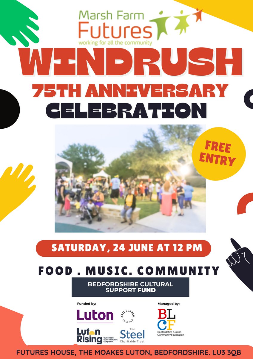 Saturday 24th of June join Marsh Farm Futures to celebrate the 75th anniversary of Windrush including  music, food, games and giant slide! We'll also have a free exhibition showcasing the history of the Windrush generation and wider Caribbean culture. #MFFevents #MFFcommunity