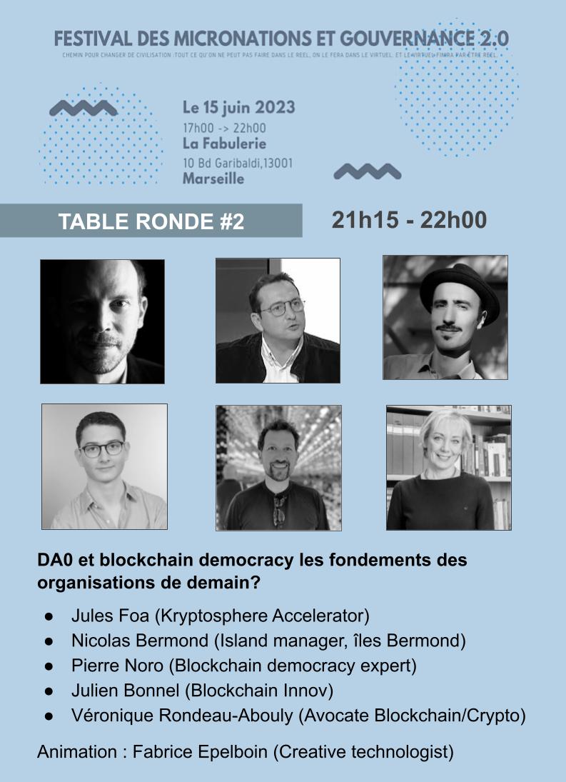 #Marseille festival #DAO #Micronation dans 3j le 15/06, la dernière table ronde, animation <a href="/epelboin/">Fabrice Epelboin</a> <a href="/jbonnel/">Julien Bonnel 🌱 🧠 🚀 ✨</a> <a href="/nicolas2fr/">Nicolas Bermond 🏝️</a> Pierre Noro @Jules_Foa Véronique Rondeau Abouly avec <a href="/HayatOutahar/">Hayat Outahar</a> <a href="/Thibio_/">thibaut brousse</a> 🎫 eventbrite.fr/e/billets-fest… #DAO #Blockchain #BlockchainDemocracy by <a href="/ilesBermond/">îles Bermond</a>