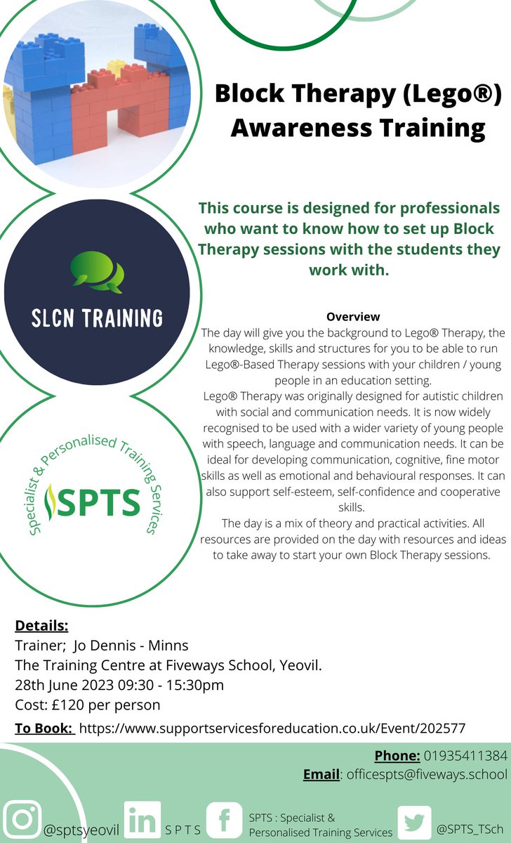 🔊Block Therapy Awareness Training! 
Only a couple days left to book you place! 
📅Wednesday 28th June 2023
⏰09:30 - 15:30pm 
📍Fiveways Training Centre, Yeovil 
✉️officespts@fiveways.school 
📞01935 411384

#Training #legotherapy #school #Somerset #dorset #teachers