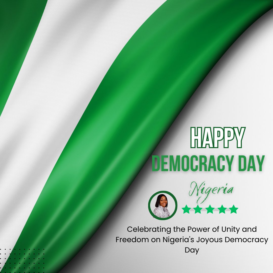 🎉🇳🇬 Happy Democracy Day, Nigeria! 🇳🇬🎉 
May we thrive and prosper as a united nation. 🎉✨ #NigeriaStrong #BuildingABetterFuture #InspiringChange #DemocracyDayNigeria #CelebratingFreedom #NigeriaStrong #OneNationOneVoice #TogetherWeStand #ProudNigerian #UnityInDiversity