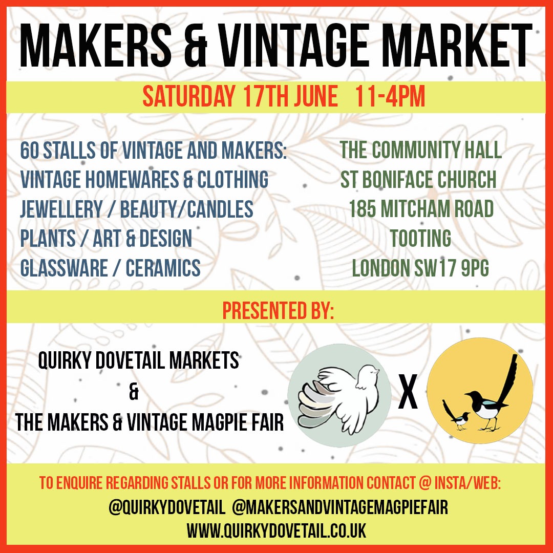 WorknPlaySouth's tweet photo. Look out for our fundraising stall this Saturday June 17th at the Makers &amp; Vintage Market, 11-4pm inside the community hall at St Bonniface Church, SW17 9PG. Lots of beautiful hand-made goods and arts and crafts materials. https://t.co/5nHYTHRmsQ