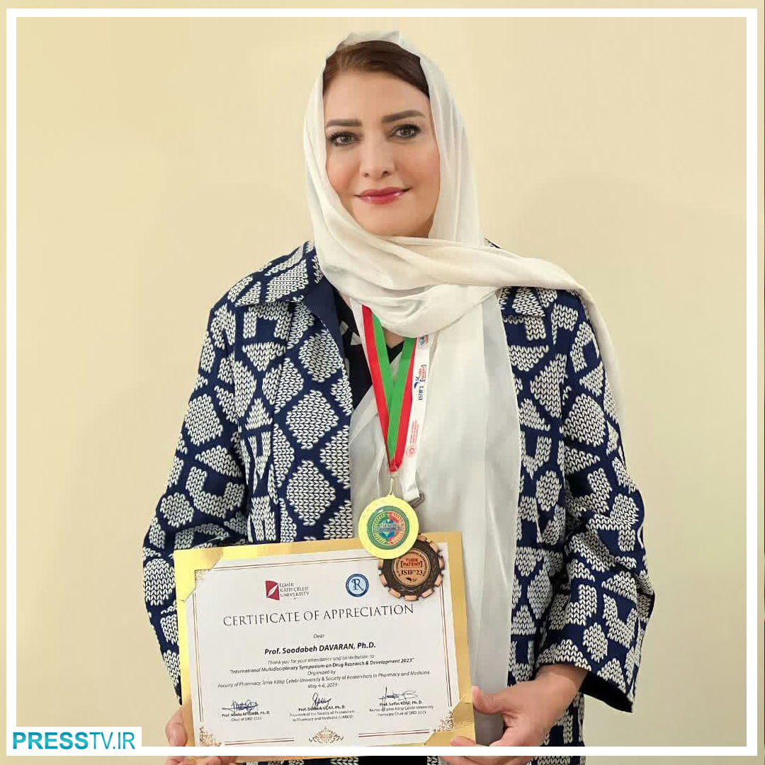 PressTV's tweet photo. 🇮🇷 Iranian scientist Dr. Sudabe Davaran, the first woman to receive the UNESCO scientific medal in nanotechnology, won the gold medal of the European Academy of Inventors. Her research project titled "Nanofibers for treating antibiotic-resistant infectious wounds" secured first place at the Teknofest 2023 Istanbul.