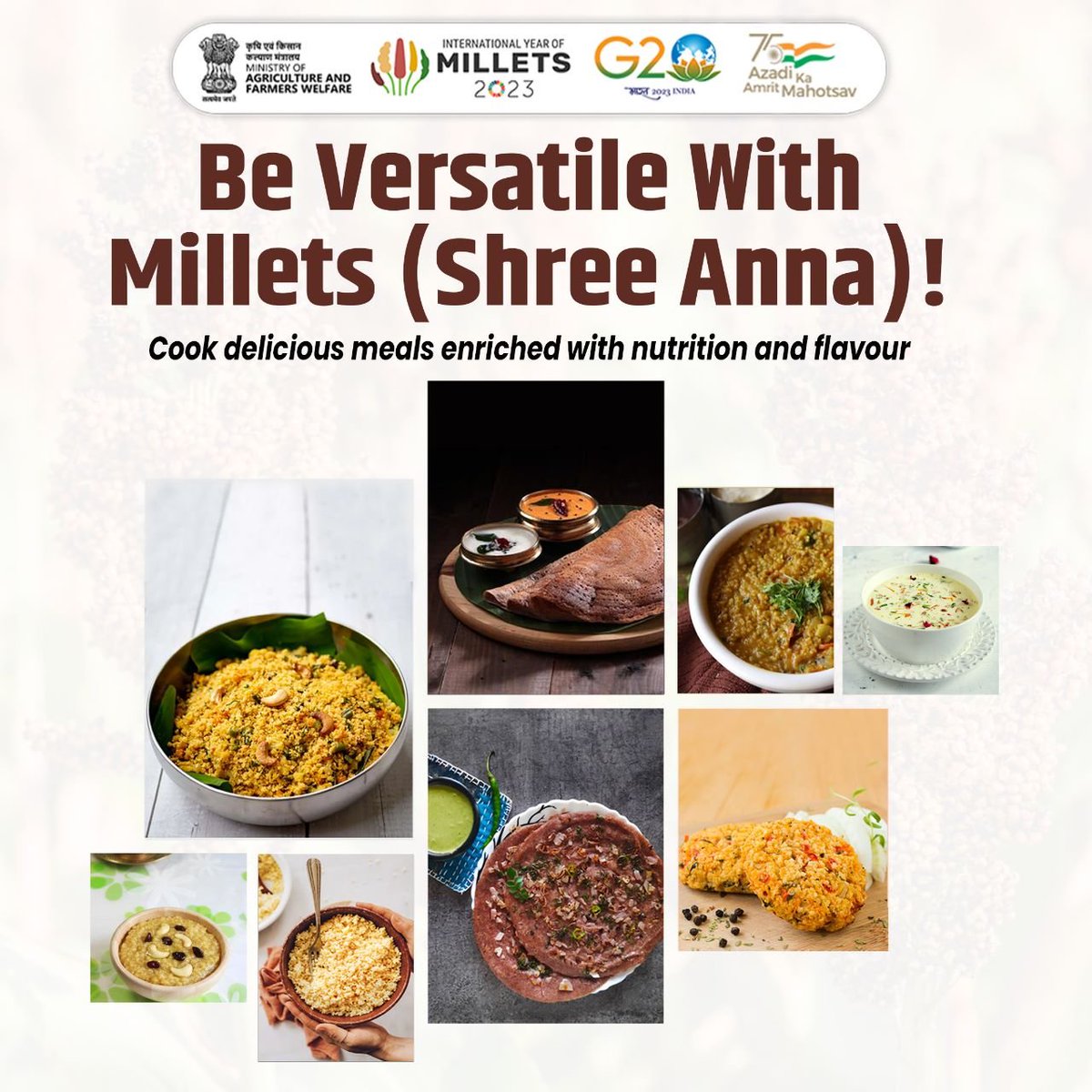 Millets (Shree Anna) are super versatile and can be used to make a variety of dishes like Dosas, Vadas, Pasta, and Porridge.

#IYM2023 #YearofMillets #ShreeAnna

@IYM2023 @AgriGoI @RailMinIndia