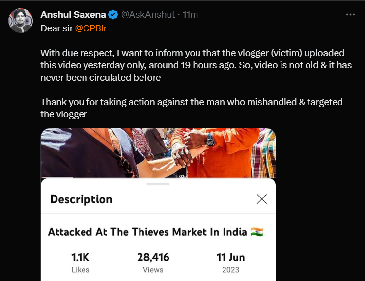 dibakardutta_'s tweet photo. @AskAnshul @BlrCityPolice @CPBlr @DgpKarnataka #Update: Police claimed that the said video is old although Anshul pointed out that it was uploaded only yesterday. https://t.co/l00y8rZvLD