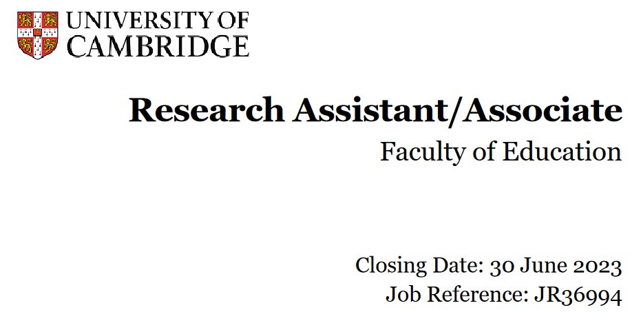 VACANCY: Research Assistant/Associate 
Working with <a href="/PaulineMRose/">Pauline Rose</a> + team on a study focused on sustainability of projects associated with <a href="/FCDOGEC/">Girls' Education Challenge</a>. Primarily qualitative research on #GirlsEducation.

Full time until February 2025. Deadline 30 June:
jobs.cam.ac.uk/job/41255/