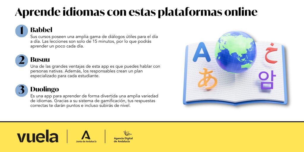 AndaluciaVuela's tweet photo. 🧑‍🎓🔤¿Te has lanzado a la aventura de aprender un nuevo idioma? ¿Sabías que existen #apps para facilitarte este proceso? 

📲 Aquí te dejamos una selección, ¿las conocías? 

#AndalucíaVuela https://t.co/131x3ylxHe