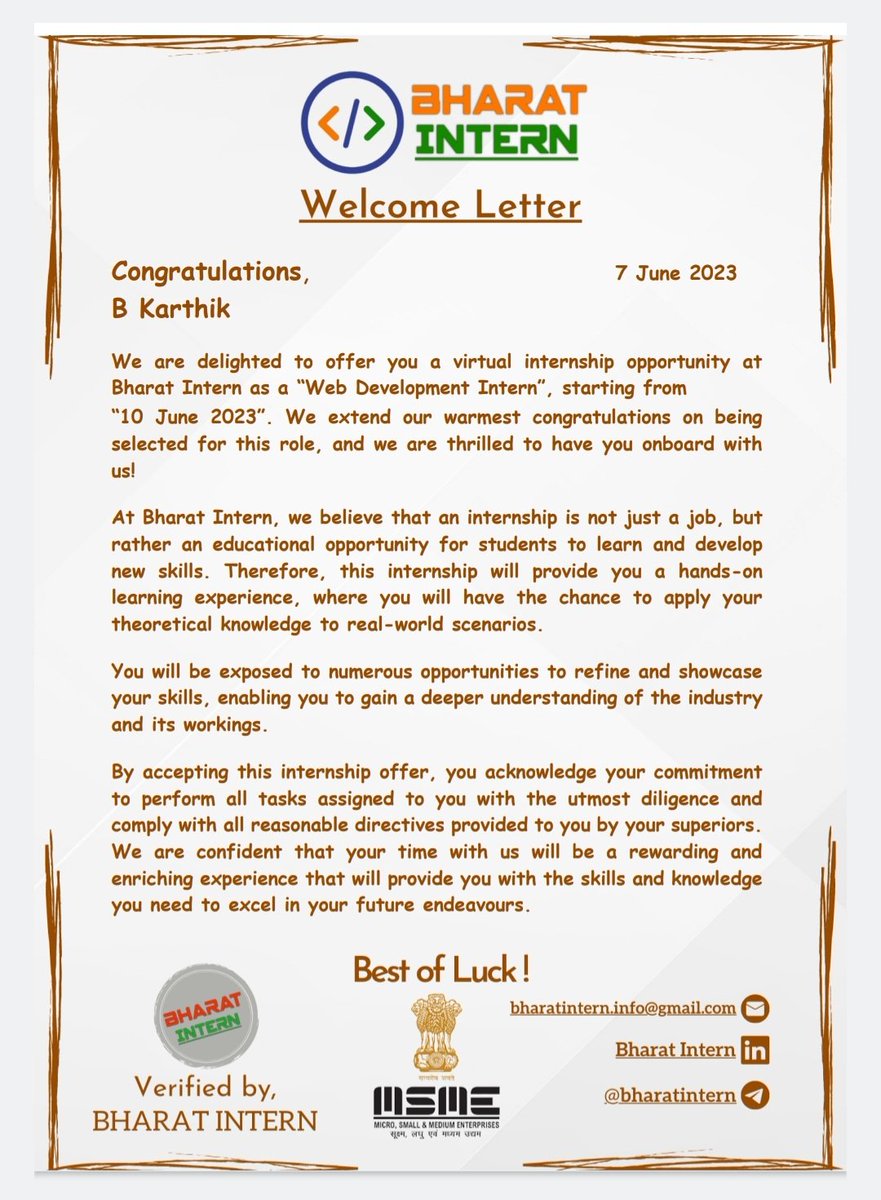 B__Karthik's tweet photo. Hello all 😄
I am very excited and honoured to share that I am a part of the Virtual Internship program offered by Bharat Intern as a "Web Development Intern ".
Thank you Bharat Intern for giving me this opportunity.
#Bharatintern    #Webdevelopment #internship2023 #Intern https://t.co/OVyltG3TPk