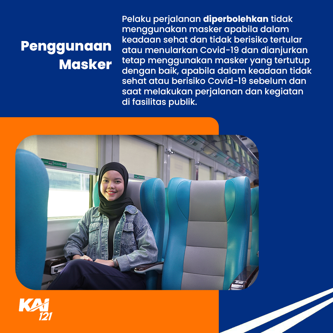 KAI121's tweet photo. Update Persyaratan & Protokol Kesehatan Naik Kereta Api 📢

Sudah siap untuk kembali menampilkan senyum dan ekspresi kalian, saat naik kereta api? Kementerian Perhubungan melalui SE No. 17 tahun 2023, telah menerbitkan update protokol kesehatan pelaku perjalanan orang dengan transportasi kereta api pada masa transisi endemi Covid-19.

Penumpang dianjurkan tetap melakukan vaksinasi Covid-19 sampai dengan booster kedua atau dosis keempat, terutama bagi masyarakat yang memliki risiko tinggi penularan Covid-19.

Penumpang diperbolehkan tidak menggunakan masker apabila dalam keadaan sehat dan tidak berisiko tertular atau menularkan Covid-19. Penumpang yang dalam kondisi tidak sehat, dianjurkan tetap menggunakan masker yang tertutup dengan baik.

#KAI121 
#SyaratNaikKeretaApi 
#AyoNaikKereta 
#KeretaApi 
#KeretaApiIndonesia
