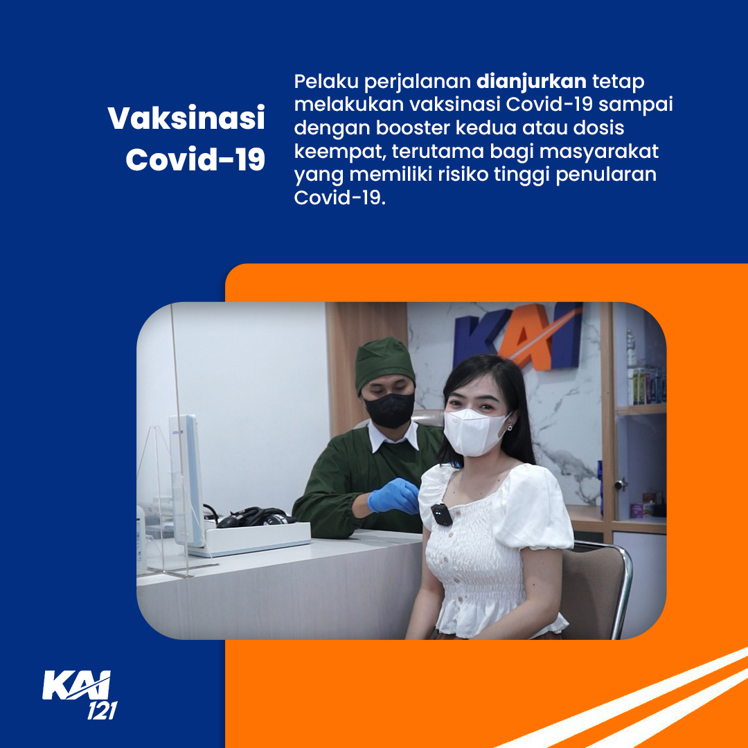 KAI121's tweet photo. Update Persyaratan & Protokol Kesehatan Naik Kereta Api 📢

Sudah siap untuk kembali menampilkan senyum dan ekspresi kalian, saat naik kereta api? Kementerian Perhubungan melalui SE No. 17 tahun 2023, telah menerbitkan update protokol kesehatan pelaku perjalanan orang dengan transportasi kereta api pada masa transisi endemi Covid-19.

Penumpang dianjurkan tetap melakukan vaksinasi Covid-19 sampai dengan booster kedua atau dosis keempat, terutama bagi masyarakat yang memliki risiko tinggi penularan Covid-19.

Penumpang diperbolehkan tidak menggunakan masker apabila dalam keadaan sehat dan tidak berisiko tertular atau menularkan Covid-19. Penumpang yang dalam kondisi tidak sehat, dianjurkan tetap menggunakan masker yang tertutup dengan baik.

#KAI121 
#SyaratNaikKeretaApi 
#AyoNaikKereta 
#KeretaApi 
#KeretaApiIndonesia