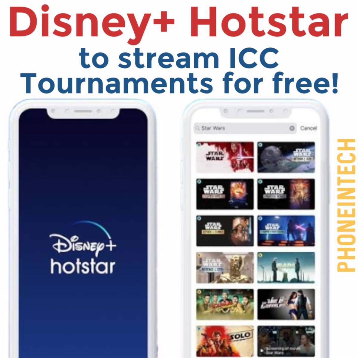 PhoneinTech's tweet photo. Disney+ Hotstar to stream ICC tournaments for free on its mobile app. This comes after Jio Cinema garnered over 13 million views in first few weeks of streaming. https://t.co/vjLYhW2vhT