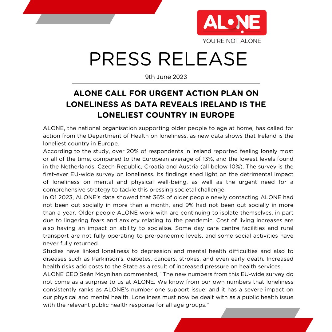 ALONE_IRELAND's tweet image. The first ever EU-wide survey on loneliness was published last week. It found Ireland to be the loneliest country in Europe. 

Read ALONE&apos;s response here.

alone.ie/alone-call-for…