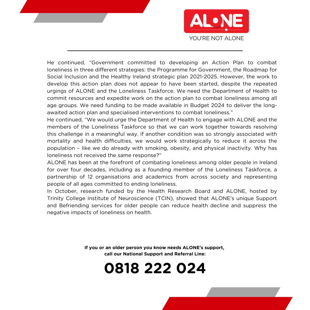 The first ever EU-wide survey on loneliness was published last week. It found Ireland to be the loneliest country in Europe. 

Read ALONE's response here.

alone.ie/alone-call-for…