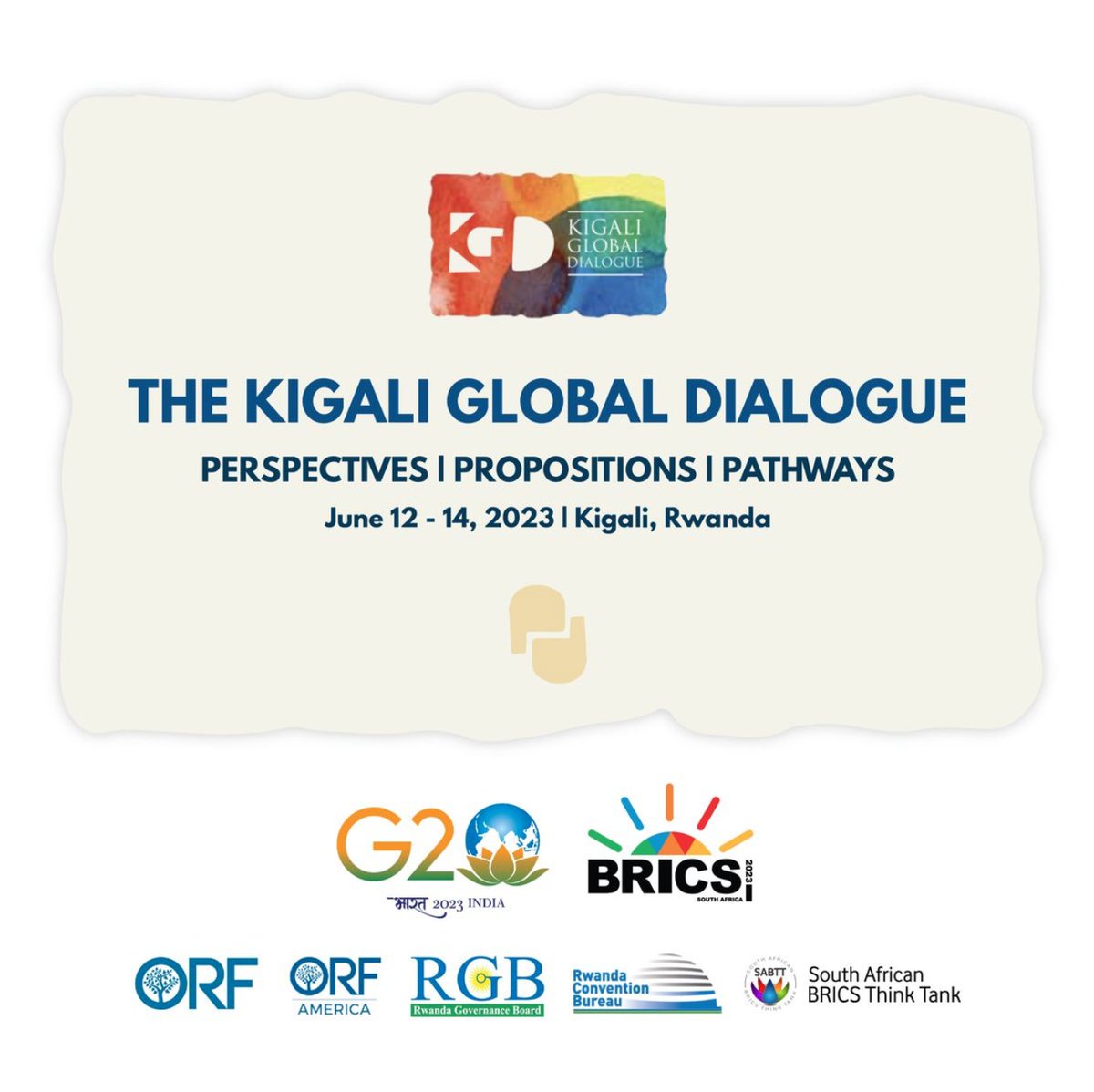 We are excited to kickstart Day 1 of the #KigaliGlobalDialogue!

#KGD2023 is a <a href="/g20org/">G20 South Africa</a> international outreach event for India’s Presidency. It'll also be a <a href="/BricsSa/">SA BRICS Think Tank</a> discussion forum under <a href="/BRICSza/">BRICSza</a> Presidency.

Follow this thread for sessions happening today!

Check the full
