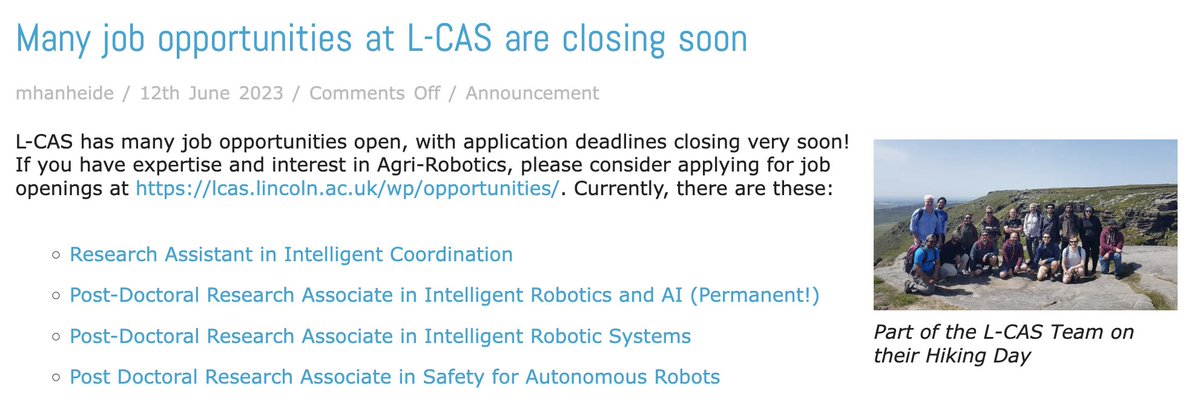 <a href="/LCAS_UoL/">L-CAS</a> has many #jobopportunities open, with application deadlines closing very soon! If you have expertise and interest in #AgriRobotics, please consider applying for job openings at lcas.lincoln.ac.uk/wp/opportuniti….