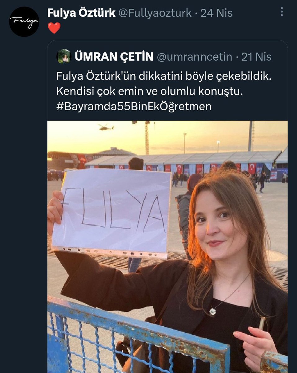 Sevgili <a href="/Fullyaozturk/">Fulya Öztürk</a> nerede zor, acı, güç görevler varsa orada bulundun. En zor görevin 6 Şubat'tı. Şimdi o günü yaşayan öğretmenlerim 15 Haziran Perşembe günü Ankara/Ulus meydanına atanmak için sesini duyurmaya geliyor. O gün yanımızda olur musun?

#MEBKPSS2022EkAtamaAçıkla